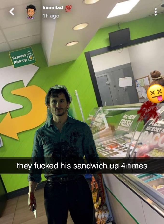 Express Pick-up S hannibal 100 1h ago AVOCADO ALL-NEW FRESH MOZZARELLA XX ALL HICKORY S PACO they f----- his sandwich up 4 times