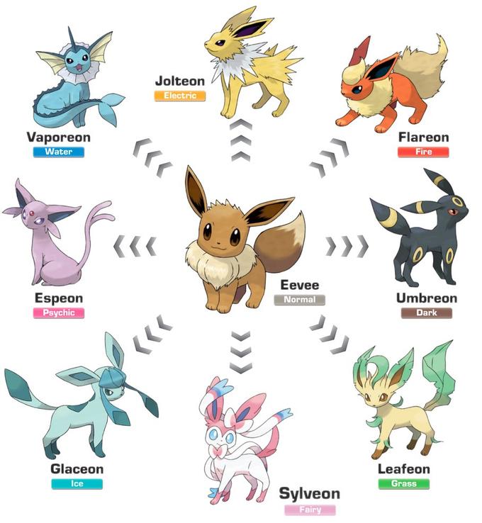 Vaporeon Water fue Espeon Psychic Jolteon Electric Glaceon Ice >>> Eevee Normal Sylveon Fairy Flareon Fire Umbreon Dark Leafeon Grass