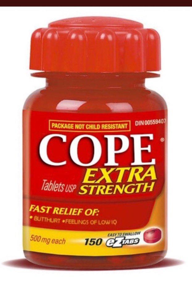 DIN 00559407 PACKAGE NOT CHILD RESISTANT COPE EXTRA Tablets USP STRENGTH FAST RELIEF OF: BUTTHURT FEELINGS OF LOW IQ 500 mg each EASY TO SWALLOW 150 EZTABS