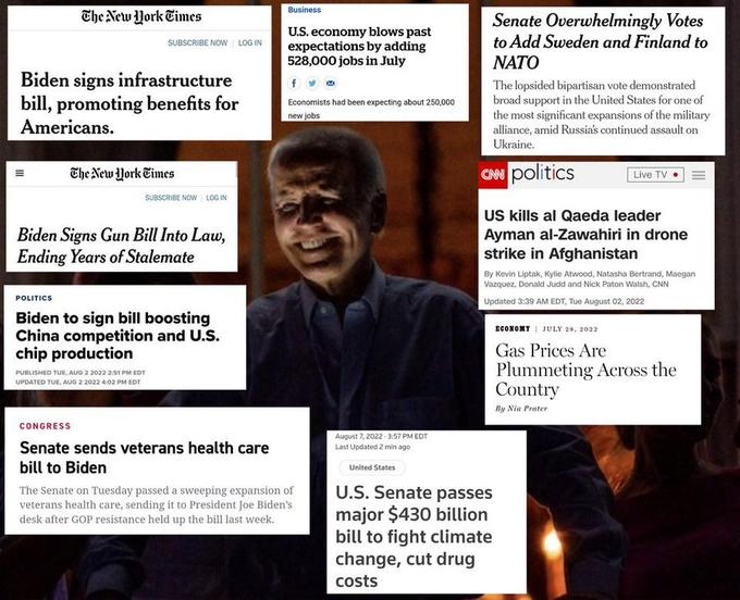 The New York Times III Biden signs infrastructure bill, promoting benefits for Americans. SUBSCRIBE NOW LOG IN The New York Times SUBSCRIBE NOW LOG IN Biden Signs Gun Bill Into Law, Ending Years of Stalemate POLITICS Biden to sign bill boosting China competition and U.S. chip production PUBLISHED TUE, AUG 2 2022 2:51 PM EDT UPDATED TUE, AUG 2 2022 4:02 PM EDT CONGRESS Senate sends veterans health care bill to Biden Business U.S. economy blows past expectations by adding 528,000 jobs in July f Economists had been expecting about 250,000 new jobs The Senate on Tuesday passed a sweeping expansion of veterans health care, sending it to President Joe Biden's desk after GOP resistance held up the bill last week. Senate Overwhelmingly Votes to Add Sweden and Finland to NATO The lopsided bipartisan vote demonstrated broad support in the United States for one of the most significant expansions of the military alliance, amid Russia's continued assault on Ukraine. CAN politics Live TV US kills al Qaeda leader Ayman al-Zawahiri in drone strike in Afghanistan August 7, 2022-3:57 PM EDT Last Updated 2 min ago United States U.S. Senate passes major $430 billion bill to fight climate change, cut drug costs By Kevin Liptak, Kylie Atwood, Natasha Bertrand, Maegan Vazquez, Donald Judd and Nick Paton Walsh, CNN Updated 3:39 AM EDT, Tue August 02, 2022 = ECONOMY JULY 28, 2022 Gas Prices Are Plummeting Across the Country By Nia Prater