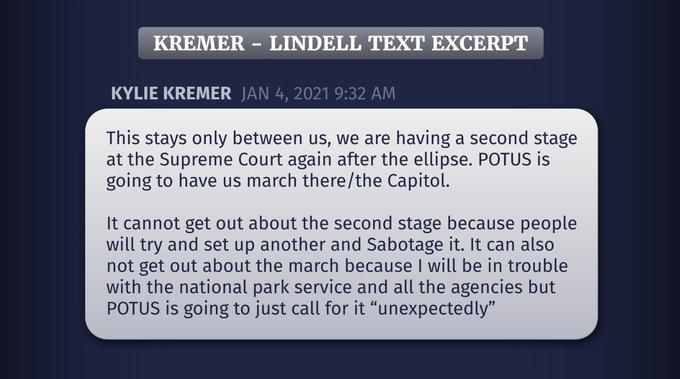 KREMER - LINDELL TEXT EXCERPT KYLIE KREMER JAN 4, 2021 9:32 AM This stays only between us, we are having a second stage at the Supreme Court again after the ellipse. POTUS is going to have us march there/the Capitol. It cannot get out about the second stage because people will try and set up another and Sabotage it. It can also not get out about the march because I will be in trouble with the national park service and all the agencies but POTUS is going to just call for it "unexpectedly"