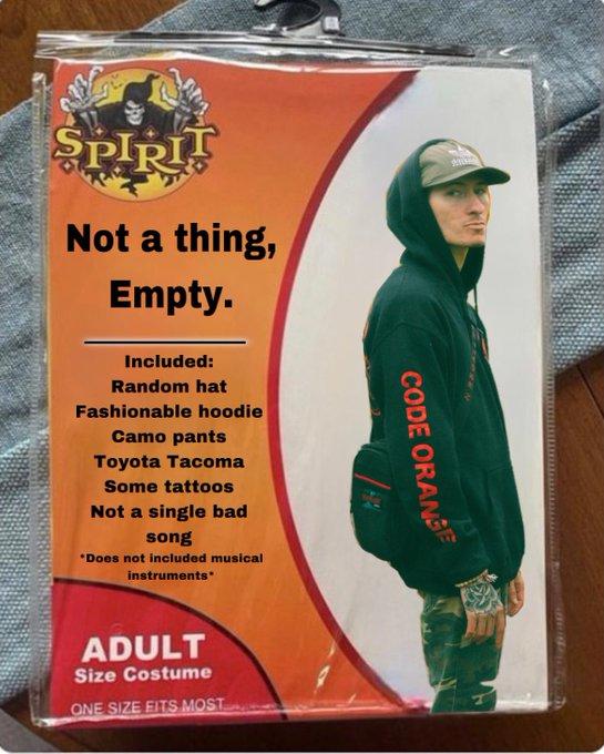 SPIRIT Not a thing, Empty. Included: Random hat Fashionable hoodie Camo pants Toyota Tacoma Some tattoos Not a single bad song *Does not included musical instruments* ADULT Size Costume ONE SIZE FITS MOST CODE ORANGE MEN