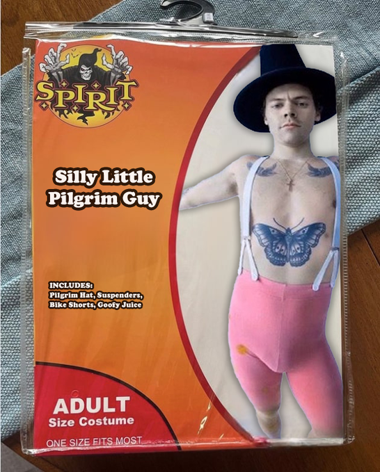 SPIRIT Silly Little Pilgrim Guy INCLUDES: Pilgrim Hat, Suspenders, Bike Shorts, Goofy Juice ADULT Size Costume ONE SIZE FITS MOST