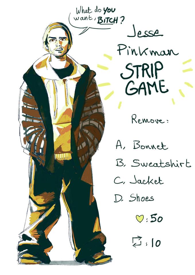 16 What do you BITCH? want, Jesse Pinkman STRIP GAME Remove: A, Bonnet B, Sweatshirt C, Jacket D. Shoes 0:50 0:10