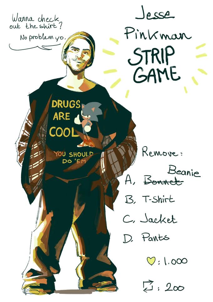 Wanna check out the shirt ? No problem yo, DRUGS ARE COOL YOU SHOULD DO 'EM Jesse Pinkman STRIP GAME Remove: A, Bonnet B, T-Shirt C, Jacket D. Pants Beanie : 1.000 它:200
