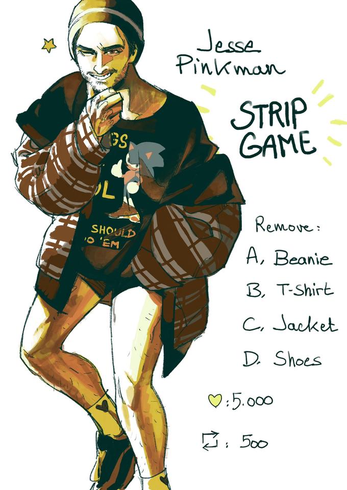GS L SHOULD O 'EM Jesse Pinkman = STRIP GAME Remove: A, Beanie B, T-Shirt C, Jacket D. Shoes ♡:5.000 它:500