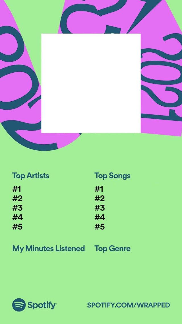 Top Artists #1 : #2 #3 #4 #5 Top Songs #1 #2 #3 #4 #5 My Minutes Listened Top Genre Spotify 2021 SPOTIFY.COM/WRAPPED