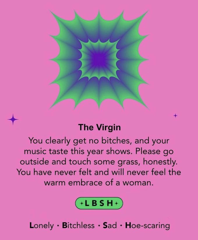 The Virgin You clearly get no bitches, and your music taste this year shows. Please go outside and touch some grass, honestly. You have never felt and will never feel the warm embrace of a woman. +LBSH+ Lonely Bitchless Sad Hoe-scaring ●