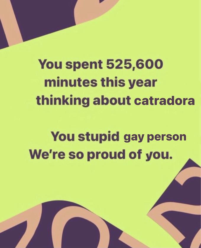 You spent 525,600 minutes this year thinking about catradora You stupid gay person We're so proud of you.