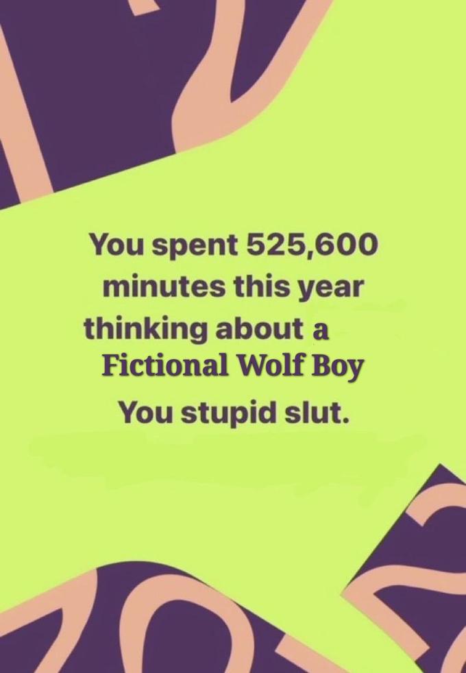 You spent 525,600 minutes this year thinking about a Fictional Wolf Boy You stupid slut. C