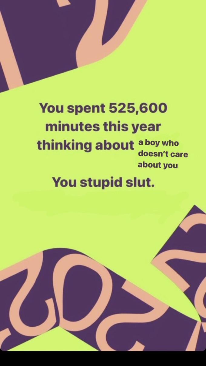 You spent 525,600 minutes this year thinking about a boy who doesn't care about you You stupid slut.