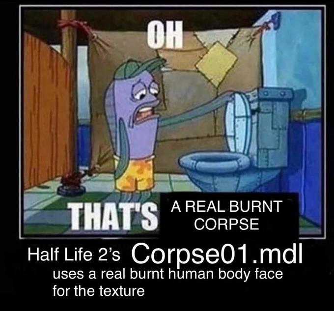 OH THAT'S A REAL BURNT CORPSE Half Life 2's Corpse01.mdl uses a real burnt human body face for the texture