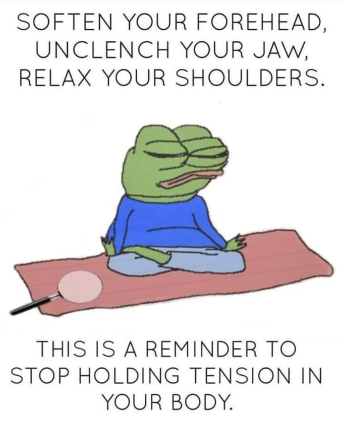 SOFTEN YOUR FOREHEAD, UNCLENCH YOUR JAW, RELAX YOUR SHOULDERS. THIS IS A REMINDER TO STOP HOLDING TENSION IN YOUR BODY.