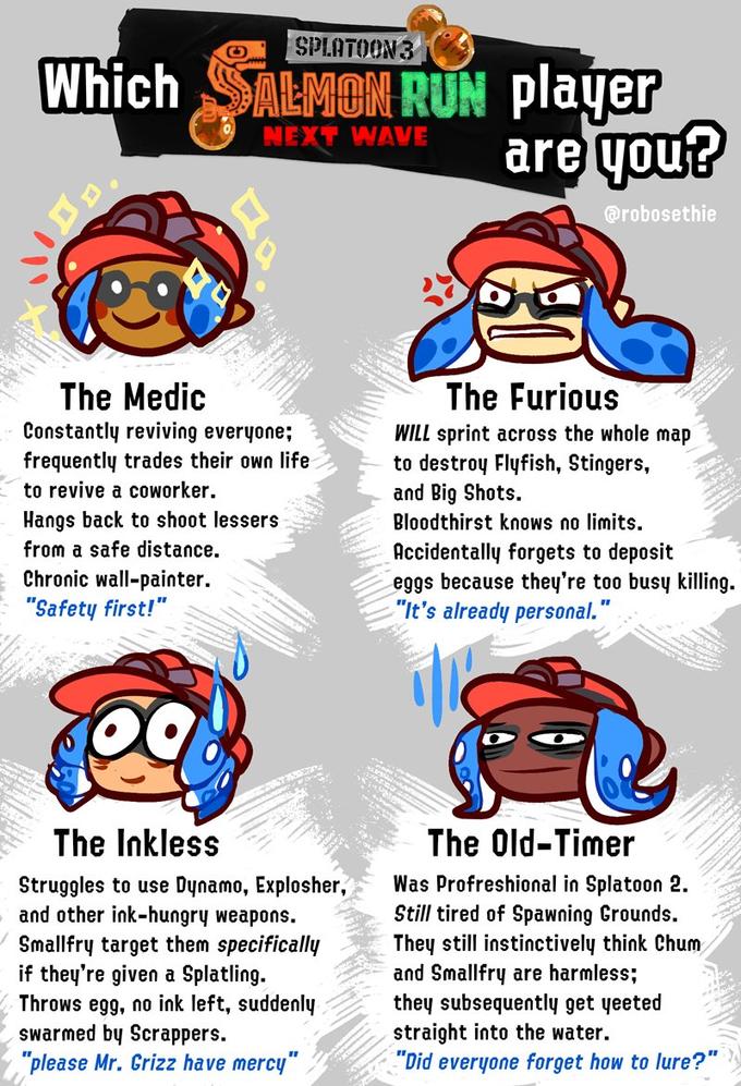 Which DD FELMERS SPLATOON 3 SALMON RUN player are you? NEXT WAVE @robosethie C The Medic Constantly reviving everyone; frequently trades their own life to revive a coworker. Hangs back to shoot lessers from a safe distance. Chronic wall-painter. "Safety first!" The Inkless Struggles to use Dynamo, Explosher, and other ink-hungry weapons. Smallfry target them specifically if they're given a Splatling. Throws egg, no ink left, suddenly swarmed by Scrappers. "please Mr. Grizz have mercy " The Furious WILL sprint across the whole map to destroy Flyfish, Stingers, and Big Shots. Bloodthirst knows no limits. PARA Accidentally forgets to deposit eggs because they're too busy killing. "It's already personal." 2% THAN The Old-Timer Was Profreshional in Splatoon 2. Still tired of Spawning Grounds. They still instinctively think Chum and Smallfry are harmless; they subsequently get yeeted straight into the water. "Did everyone forget how to lure?"