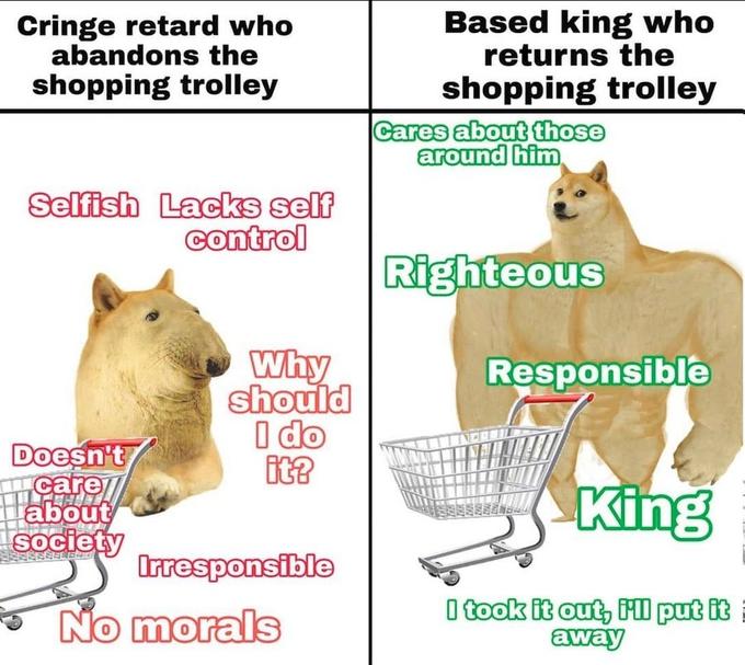 Cringe retard who abandons the shopping trolley Selfish Lacks self control Doesn't care about Society Why should I do it? Irresponsible No morals Based king who returns the shopping trolley Cares about those around him Righteous Responsible King I took it out, i'll put it away