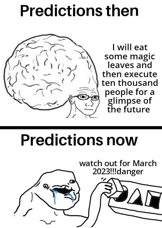 Predictions then I will eat some magic leaves and then execute ten thousand people for a glimpse of the future Predictions now watch out for March 2023!!!danger