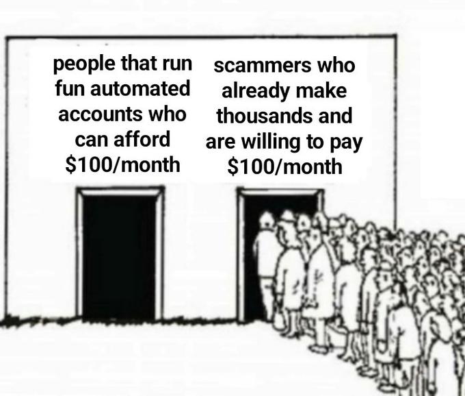 people that run fun automated accounts who can afford $100/month scammers who already make thousands and are willing to pay $100/month