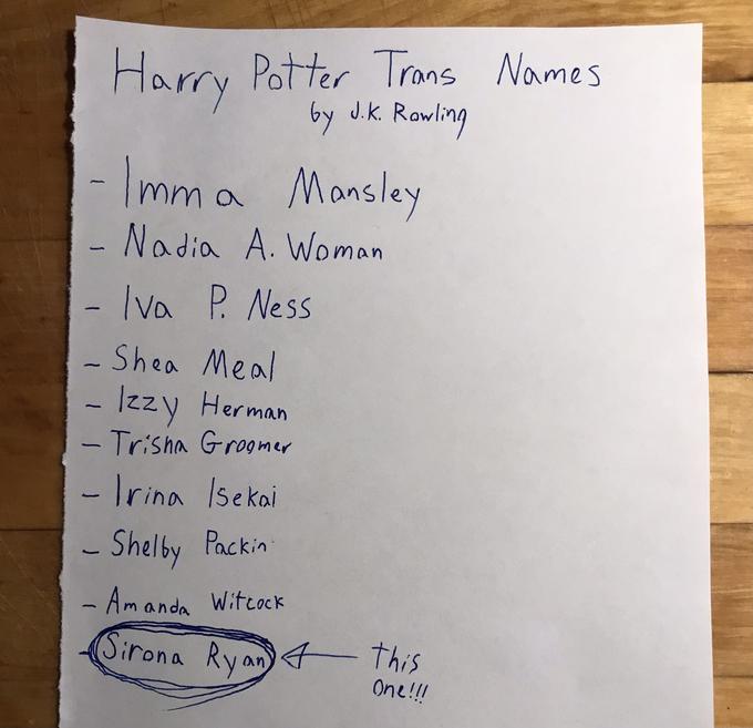 Harry Potter Trans Names by J.K. Rowling - Imma Mansley - Nadia A. Woman Iva P. Ness - Shea Meal Izzy Herman - Trisha Groomer - Irina Isekai Shelby Packin - Amanda Witcock Sirona Ryan 4 1 this One!!!