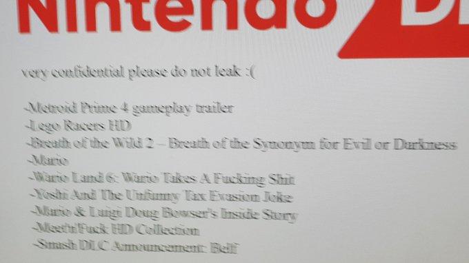 very confidential please do not leak :( Metroid Prime 4 gameplay trailer Breath of the Wild 2-Breath of the Synonym for Evil or Darkness -Ware Land 6: Wario Takes A F------ S--- -Yoshi And The Unfumy Tax Evasion Joke Marte & Luigi Doug Bowser's Inside Story Smash DLC Amouncement: Bellf