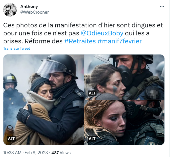 Anthony @WebCrooner ALT Ces photos de la manifestation d'hier sont dingues et pour une fois ce n'est pas @OdieuxBoby qui les a prises. Réforme des #Retraites #manif7fevrier Translate Tweet 10:33 AM - Feb 8, 2023 487 Views ALT ⠀ ALT