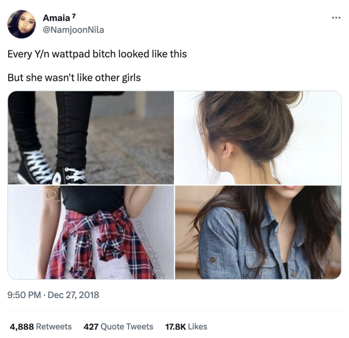 Amaia 7 @NamjoonNila Every Y/n wattpad bitch looked like this But she wasn't like other girls MMM? 9:50 PM Dec 27, 2018 mangorabbitrab 4,888 Retweets 427 Quote Tweets 17.8K Likes : ...