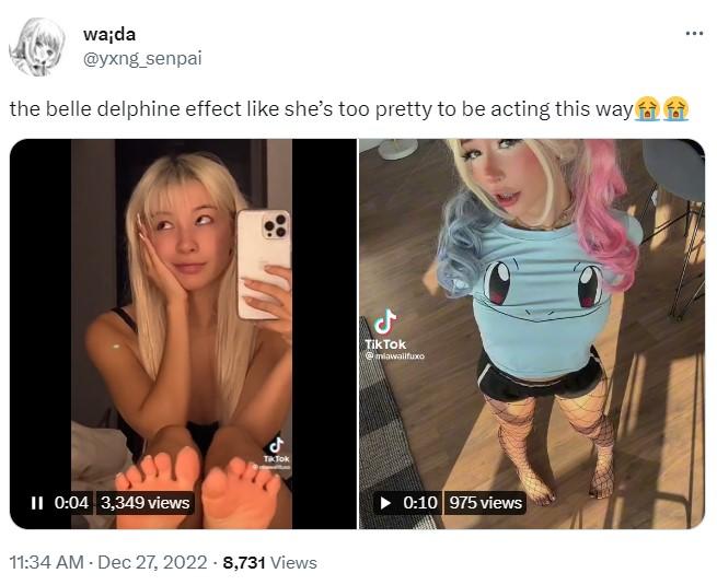 wa;da @yxng_senpai the belle delphine effect like she's too pretty to be acting this way II 0:04 3,349 views TikTok 11:34 AM - Dec 27, 2022 8,731 Views Tik Tok @miawalifuxo ▶0:10 975 views