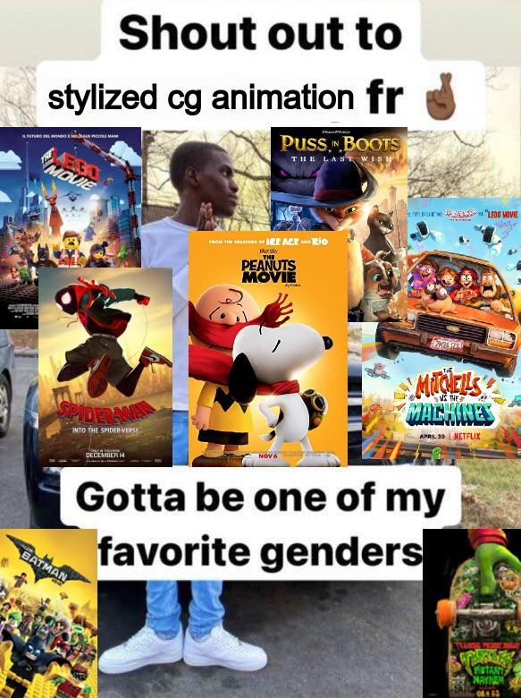 Shout out to stylized cg animation fr IL FUTURO NEL MONDO IL PICCOLEMAN EGO MOVIE DERANMA INTO THE SPIDER-VERSE BATMAN DECEMBER 14 PUSSIN BOOTS THE LAST WISH FROM THE CREATORS OF ICE ACENTIO Bey THE PEANUTS MOVIE NOV6 dyd BLEDD MOVIE MITCHELLS MACHINES VS THE APRIL 30 NETFLIX Gotta be one of my favorite genders TASAR UTANT MAYNEM 06.483