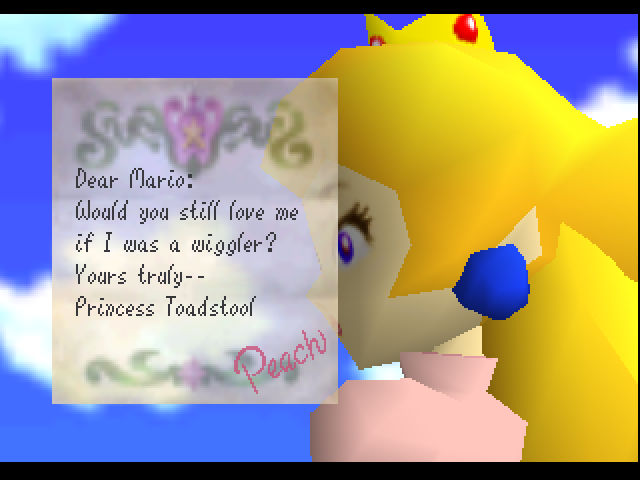 Sverjar Dear Mario: Would you still love me if I was a wiggler? Yours trafy -- Princess Toadstool Peach