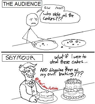 THE AUDIENCE み 37 SEYMOUR aw Man who stole all the Cakes??? what if I were to steal these cakes... AND disguise them as my own baking ??? @The Crow www