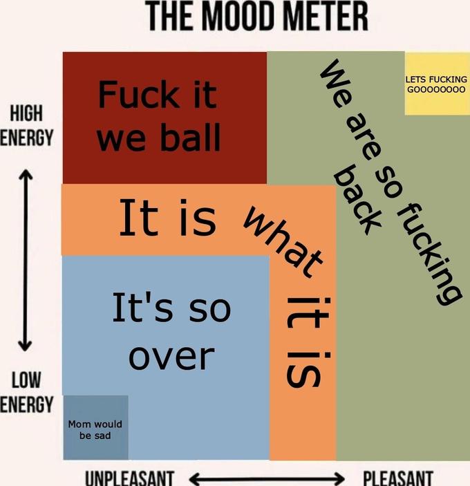 HIGH ENERGY LOW ENERGY THE MOOD METER F--- it we ball It is It's so over Mom would be sad UNPLEASANT We are so f------ back what it is LETS F------ GOOOOOOO0 PLEASANT