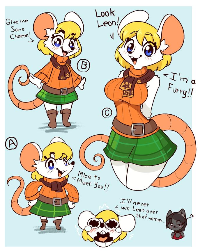 Give me Some Cheese! A ERNE 38 B Look Leon! ✓ Ⓒ Mice to <Meet You!! LORE I'll never / win Leon over <I'm a Furry!! that woman..