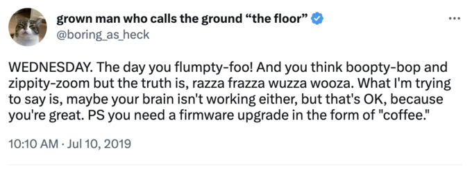 grown man who calls the ground "the floor" @boring_as_heck ... : WEDNESDAY. The day you flumpty-foo! And you think boopty-bop and zippity-zoom but the truth is, razza frazza wuzza wooza. What I'm trying to say is, maybe your brain isn't working either, but that's OK, because you're great. PS you need a firmware upgrade in the form of "coffee." 10:10 AM. Jul 10, 2019