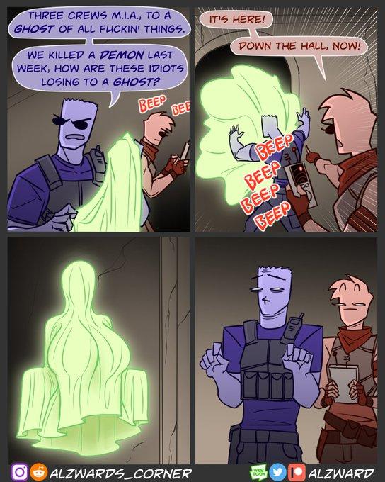 THREE CREWS M.I.A., TO A GHOST OF ALL F-----' THINGS. WE KILLED A DEMON LAST WEEK, HOW ARE THESE IDIOTS LOSING TO A GHOST? BEEP O.. BEE ALZWARDS_CORNER IT'S HERE! DOWN THE HALL, NOW! BEEP BEEP BEEP BEEP WEB TOON MID ALZWARD