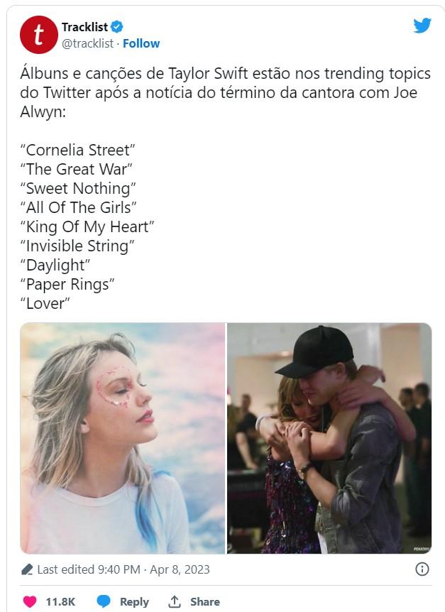 Tracklist @tracklist Follow t Álbuns e canções de Taylor Swift estão nos trending topics do Twitter após a notícia do término da cantora com Joe Alwyn: "Cornelia Street" "The Great War" "Sweet Nothing" "All Of The Girls" "King Of My Heart" "Invisible String" "Daylight" "Paper Rings" "Lover" Last edited 9:40 PM - Apr 8, 2023 Reply 1 Share 11.8K PERAY