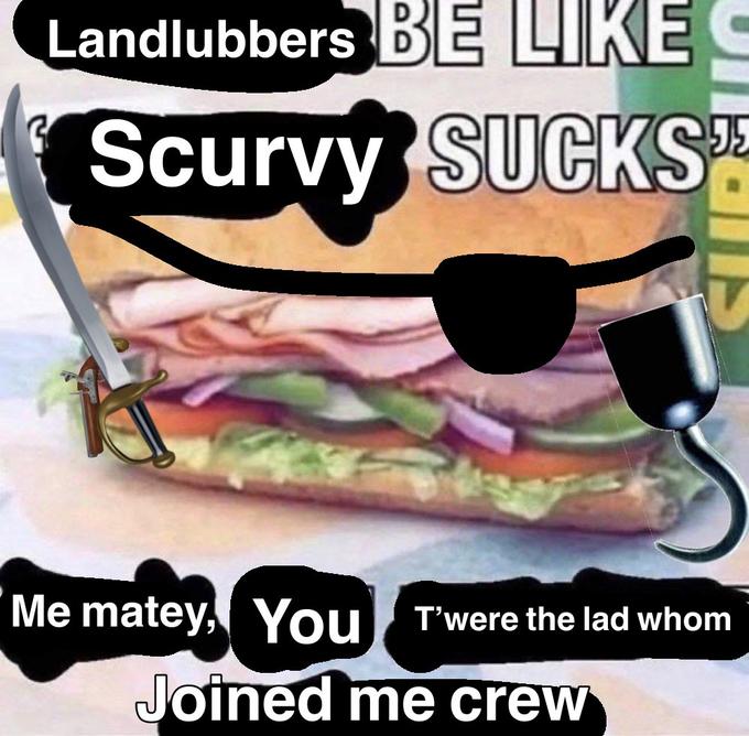 Landlubbers BE LIKE Scurvy SUCKS Me matey, You T'were the lad whom Joined me crew