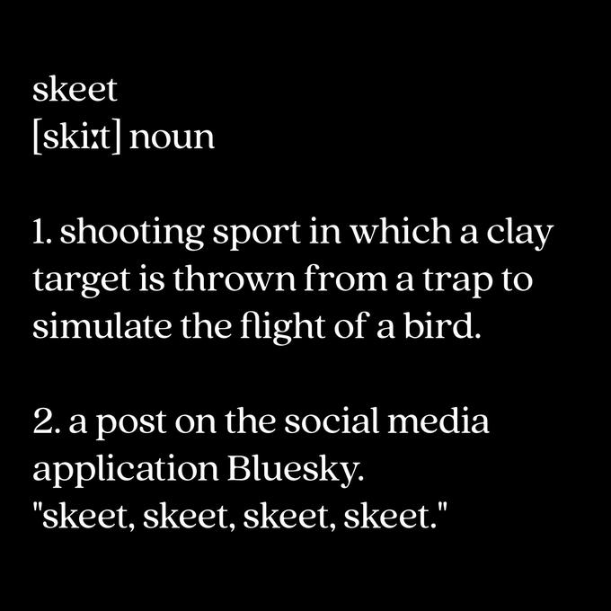 skeet [ski:t] noun 1. shooting sport in which a clay target is thrown from a trap to simulate the flight of a bird. 2. a post on the social media application Bluesky. "skeet, skeet, skeet, skeet."