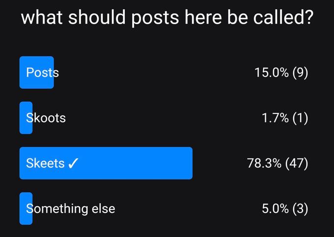 what should posts here be called? Posts Skoots Skeets ✔ Something else 15.0% (9) 1.7% (1) 78.3% (47) 5.0% (3)