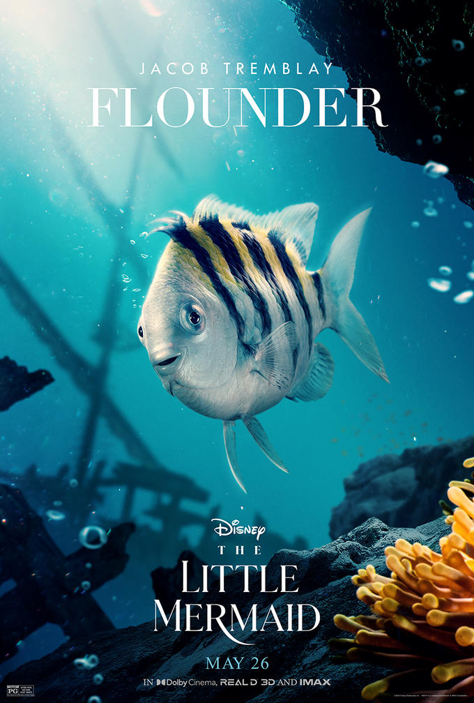 PG JACOB TREMBLAY FLOUNDER C Disney THE LITTLE MERMAID MAY 26 IN DDolby Cinema, REAL D 3D AND IMAX