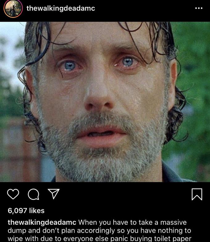 thewalkingdeadamc от 6,097 likes thewalkingdeadamc When you have to take a massive dump and don't plan accordingly so you have nothing to wipe with due to everyone else panic buying toilet paper ... □