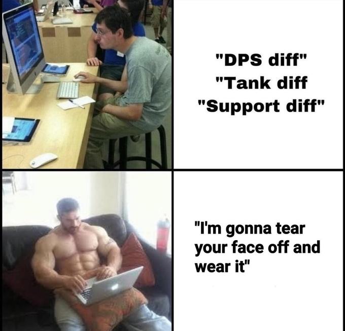 "DPS diff" "Tank diff "Support diff" "I'm gonna tear your face off and wear it"