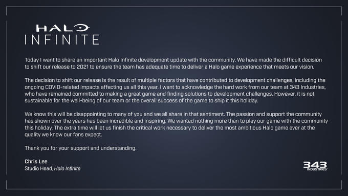 HALO INFINITE Today I want to share an important Halo Infinite development update with the community. We have made the difficult decision to shift our release to 2021 to ensure the team has adequate time to deliver a Halo game experience that meets our vision. The decision to shift our release is the result of multiple factors that have contributed to development challenges, including the ongoing COVID-related impacts affecting us all this year. I want to acknowledge the hard work from our team at 343 Industries, who have remained committed to making a great game and finding solutions to development challenges. However, it is not sustainable for the well-being of our team or the overall success of the game to ship it this holiday. We know this will be disappointing to many of you and we all share in that sentiment. The passion and support the community has shown over the years has been incredible and inspiring. We wanted nothing more than to play our game with the community this holiday. The extra time will let us finish the critical work necessary to deliver the most ambitious Halo game ever at the quality we know our fans expect. Thank you for your support and understanding. Chris Lee Studio Head, Halo Infinite 343 INDUSTRIES