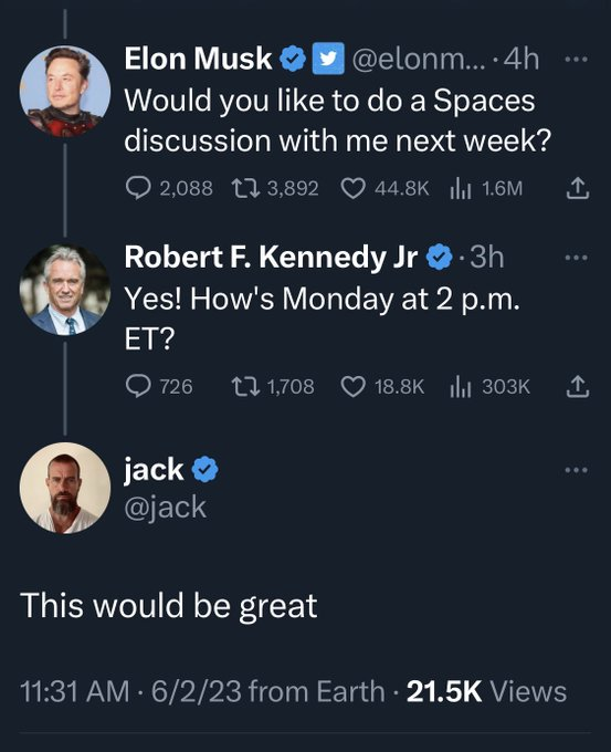 Elon Musk @elonm....4h Would you like to do a Spaces discussion with me next week? 44.8K II 1.6M 2,0883,892 Robert F. Kennedy Jr.3h Yes! How's Monday at 2 p.m. ET? 726 jack @jack 1,708 18.8K ₁303K This would be great ... 11:31 AM 6/2/23 from Earth - 21.5K Views