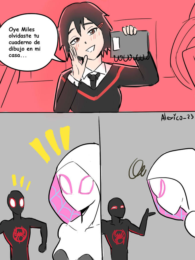 Translation:

Peni: "Hey Miles, you forgot your sketchbook at my house."
__________________________________________________

Date published - June 12, 2023