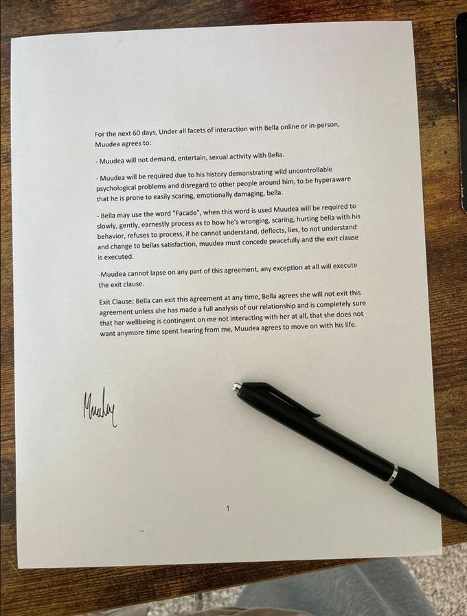 For the next 60 days, Under all facets of interaction with Bella online or in-person, Muudea agrees to: Muudea will not demand, entertain, sexual activity with Bella. -Muudea will be required due to his history demonstrating wild uncontrollable psychological problems and disregard to other people around him, to be hyperaware that he is prone to easily scaring, emotionally damaging, bella. - Bella may use the word "Facade", when this word is used Muudea will be required to slowly, gently, earnestly process as to how he's wronging, scaring, hurting bella with his behavior, refuses to process, if he cannot understand, deflects, lies, to not understand and change to bellas satisfaction, muudea must concede peacefully and the exit clause is executed. -Muudea cannot lapse on any part of this agreement, any exception at all will execute the exit clause. t any time, Bella agrees she will not exit this Exit Clause: Bella can exit this agreement agreement unless she has made a full analysis of our relationship and is completely sure that her wellbeing is contingent on me not interacting with her at all, that she does not want anymore time spent hearing from me, Muudea agrees to move on with his life. Maalay
