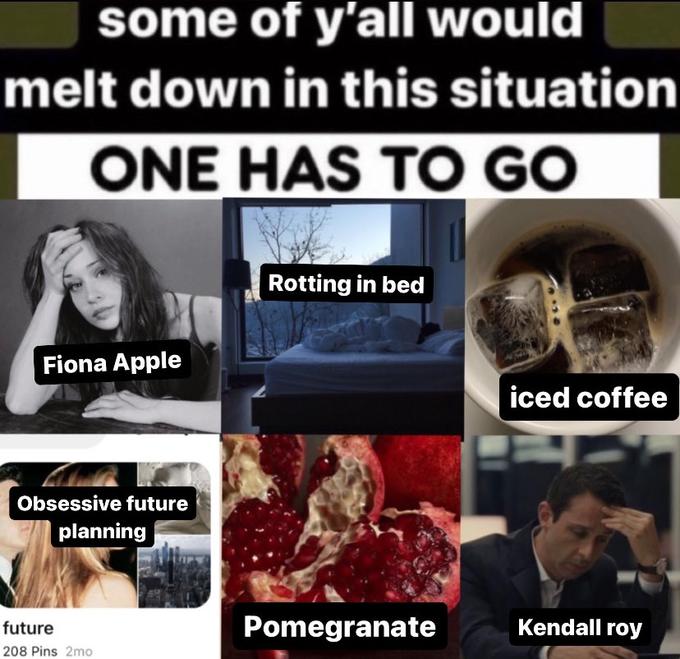 some of y'all would melt down in this situation ONE HAS TO GO Fiona Apple Obsessive future planning future 208 Pins 2mo Rotting in bed Pomegranate iced coffee Kendall roy