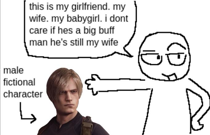 this is my girlfriend. my wife. my babygirl. i dont care if hes a big buff man he's still my wife male fictional character ↳