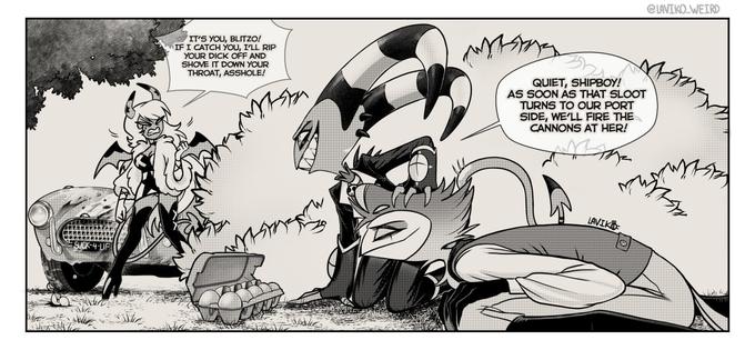 dir IT'S YOU, BLITZO! IF I CATCH YOU, I'LL RIP YOUR D--- OFF AND SHOVE IT DOWN YOUR THROAT, A------! Asta wing @LAVIKO WEIRD B QUIET, SHIPBOY! AS SOON AS THAT SLOOT TURNS TO OUR PORT SIDE, WE'LL FIRE THE CANNONS AT HER! LAVIK