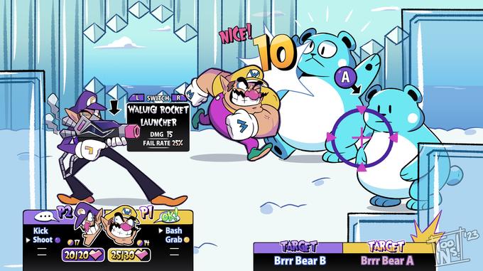 Kick ► Shoot P2 7 17 20/20 ALLO L SWITCH R WALUIGI ROCKET 25130 LAUNCHER DMG 15 FAIL RATE 25% PI Plyok! 14 Bash Grab = NICE! 10 TARGET Brrr Bear B A TARGET Brrr Bear A OO INS! 023