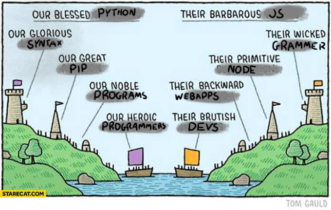 Our Blessed Python Versus Their Barbarous JavaScript Our Blessed 