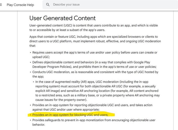 to be allowed on the GooglePlay app store it has to provide a Block function